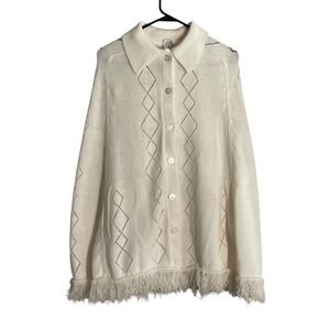 Vtg Cream Ivory Fringed Button Up Poncho Cape  100% Acrylic Medium Grandma